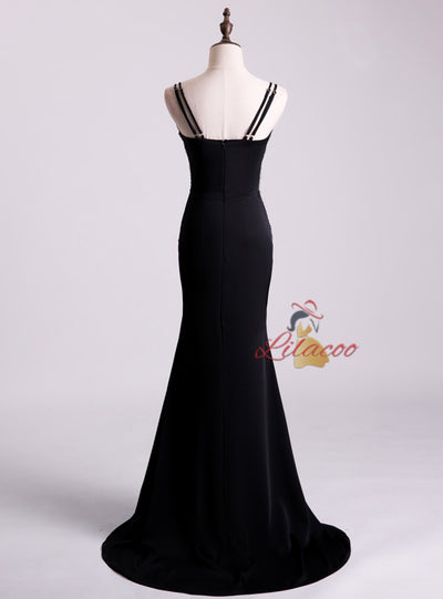 Black Mermaid Spaghetti Straps Beading Prom Dress