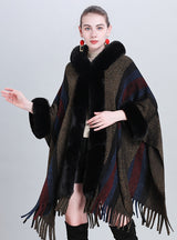 Colored Striped Fur Collar Fringed Shawl Cloak