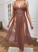 Sexy Gauze Deep V Lace Slit Suspender Pajamas