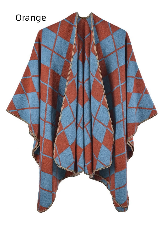 Ethnic Diamond Cashmere-like Split Cloak Coat