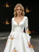 White Satin Long Sleeve V-neck Wedding Dress