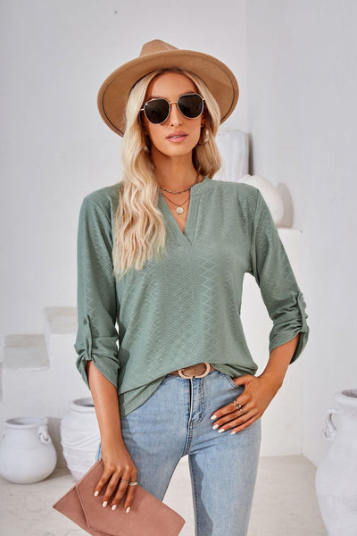 V-neck Cropped Sleeve Button Loose T-shirt