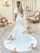 White Mermaid Puff Sleeve Wedding Dress