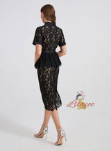 Lace Short Sleeve Slit Slim Diamond Dress