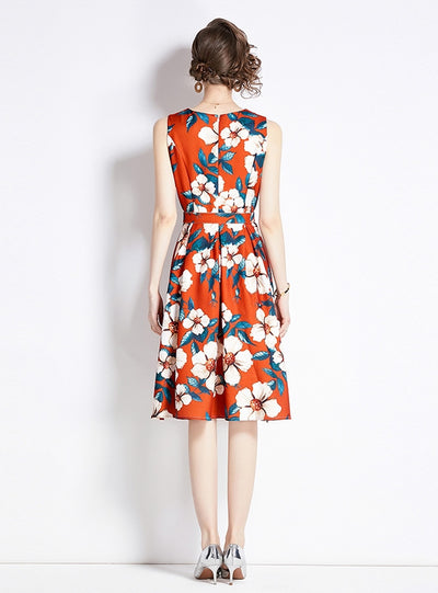 Slim Waist Sleeveless Printed Dress