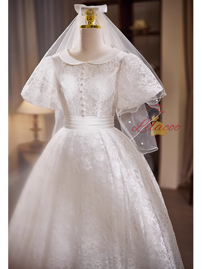 White Lace Puff Sleeve Wedding Dress