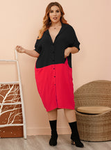 Lapel Pocket Contrast Shirt Dress