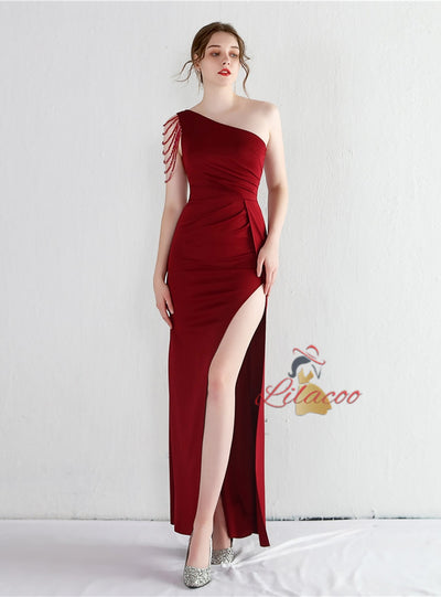 One Shoulder Split Beading Prom Dress