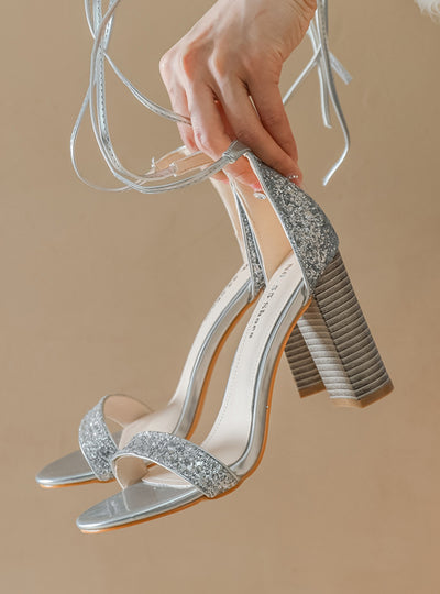 Strapped Sequined Thick Heel Sandals