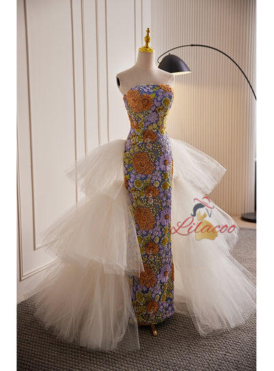 Mermaid Flower Sequins Strapless Tulle Prom Dress