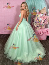 Green Tulle Halter Backless Prom Dress