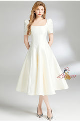 Solid Color Slim Waist Square Neck Dress