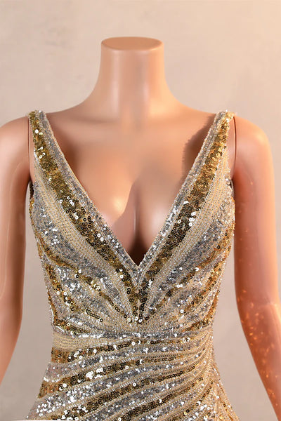 Gold Mermaid Sequins V-neck Split Prom Dress