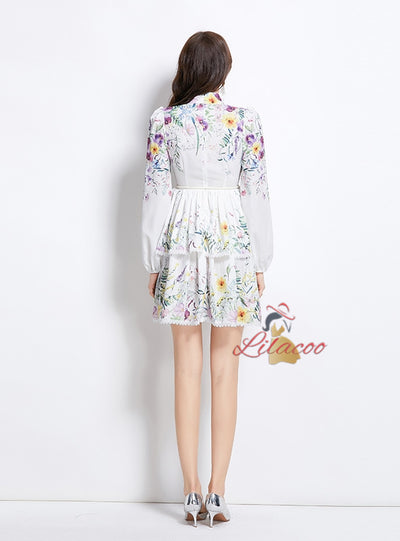 Long-sleeved Floral Lantern Sleeve Cake Dress