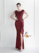 Sequins Cap Sleeve Beadin Split Prom Dress