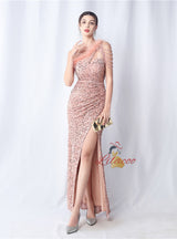 One Shoulder Sequins Split Prom Dress
