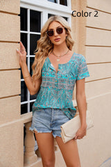 Printed Short-sleeved Pleated Buttons T-shirt