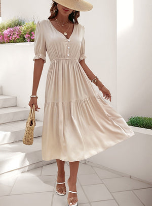 Casual Puff Sleeve Pleated V-neck Dress