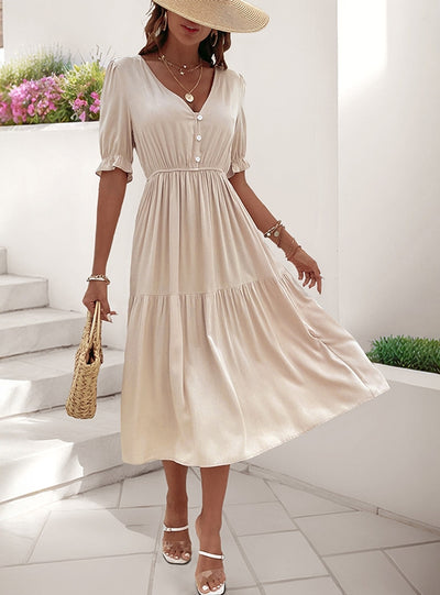 Casual Puff Sleeve Pleated V-neck Dress