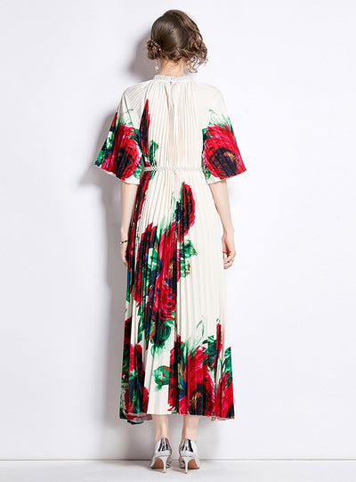 Printed Beaded Pleated Long Dress