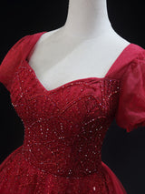 Burgundy Tulle Sequins Short Sleeve Homecoming Dress