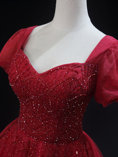 Burgundy Tulle Sequins Short Sleeve Homecoming Dress
