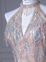 Champagne Sequins Halter Beading Prom Dress