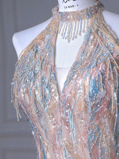 Champagne Sequins Halter Beading Prom Dress