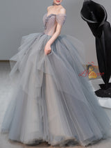 Gray Blue Tulle Pleats Flower Prom Dress