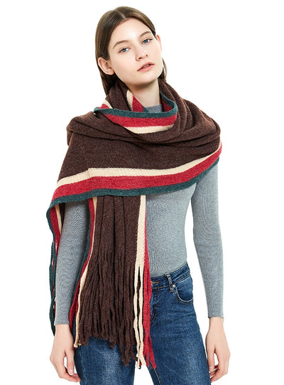 Warm Scarf Striped Solid Color Fringed Wool Scarf
