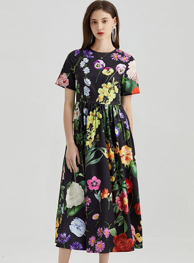 Flower Printed Short-sleeved Big Swing Dress