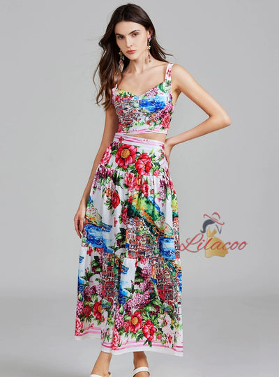 Oil Painting Printed Top Skirt Two-piece Suit