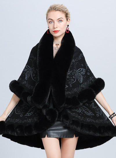 Double Jacquard Knitted Fur Shawl Cloak
