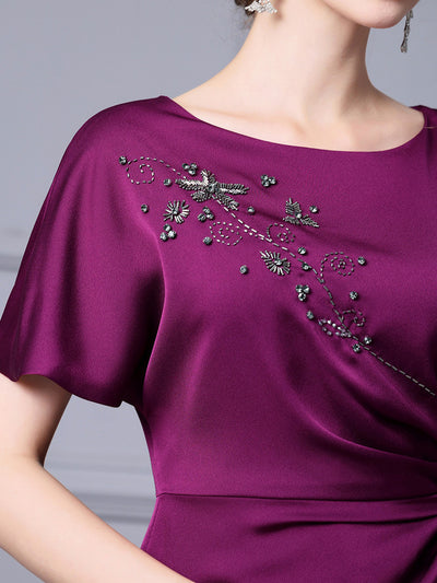 Purple Satin Short Sleeve Mother Of The Bride Dress