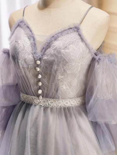 Purple Tulle Straps Long Sleeve Homecoming Dress
