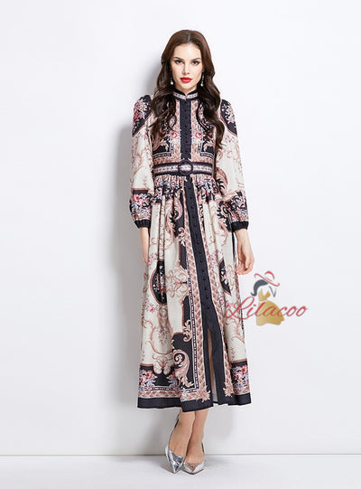 Retro Breasted Print Long Sleeve Dress
