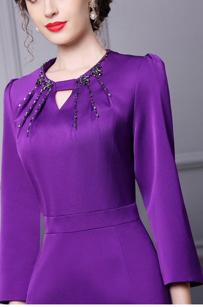 Purple Long Sleeve Beading Mother Of The Bride Dress