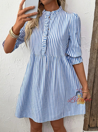 Vertical Striped Shirt Short Sleeve Dress