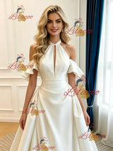 Ivory Satin Halter Pleats Wedding Dress