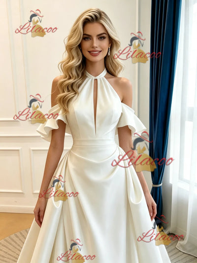 Ivory Satin Halter Pleats Wedding Dress