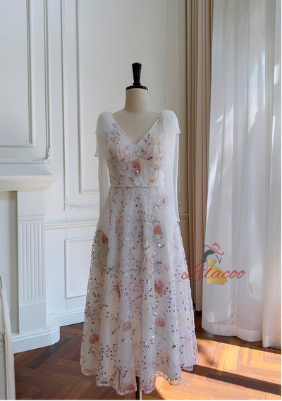 White V-neck V-neck Sequins Prom Dress