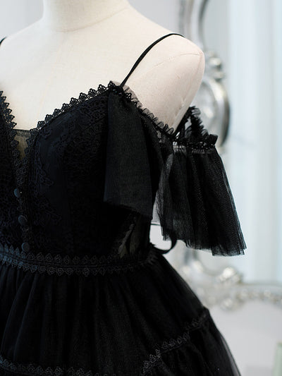 Black Tulle Lace Button Homecoming Dress