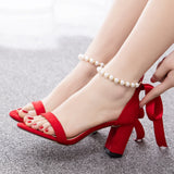 7 cm Thick Suede Beaded Ribbon Summer Sandals