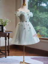 Light Green Tulle Sequins Flower Homecoming Dress