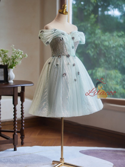 Light Green Tulle Sequins Flower Homecoming Dress
