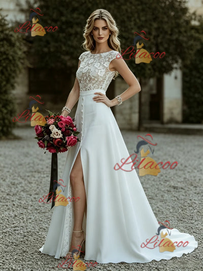 White Scoop Neck Cap Sleeve Wedding Dress