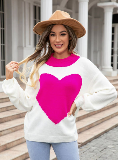 Heart Round Neck Knitted Pullover Sweater