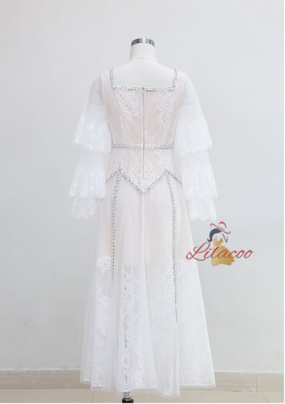 White Lace Long Sleeve Beading Prom Dress