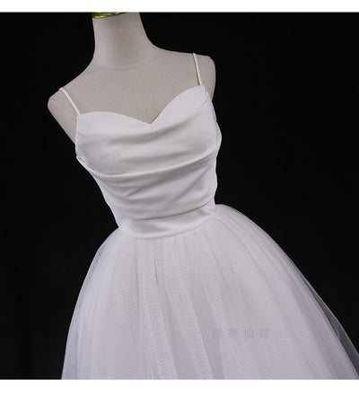 White Tulle Spaghetti Straps Short Wedding Dress