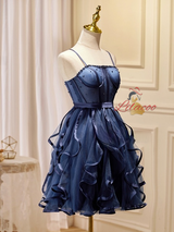 Navy Blue Tulle Straps Pearls Homecoming Dress